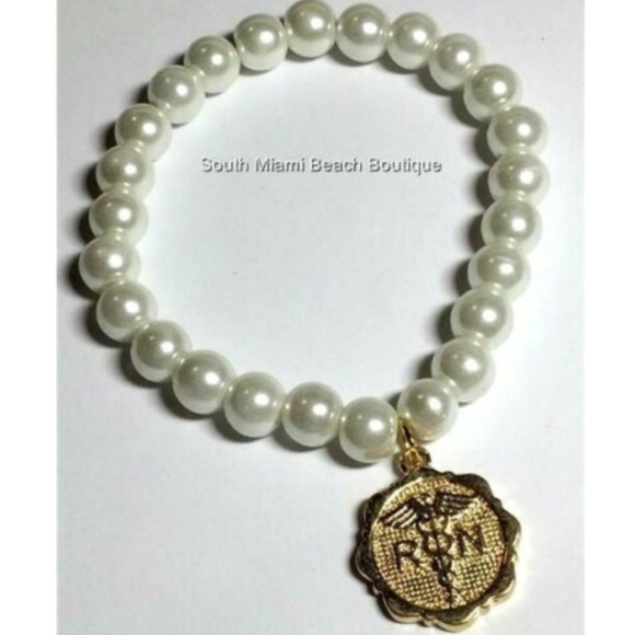 RN Nursing Caduceus Pearl Bead Charm Bracelet Gold Plated Nurse Graduation Gift - Picture 5 of 8